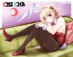  1girl animal_ears bangs black_pantyhose blonde_hair bob_cut bow bowtie breasts commentary_request copyright_request couch crescent detached_collar fake_animal_ears hair_ribbon large_breasts leotard lycoris_recoil moyuru nishikigi_chisato pantyhose playboy_bunny rabbit_ears rabbit_tail red_bow red_bowtie red_eyes red_leotard red_ribbon ribbon short_hair solo strapless strapless_leotard tail wrist_cuffs 