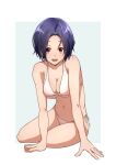  1girl absurdres bikini blue_hair breasts cleavage commentary_request commission forehead highres idolmaster idolmaster_(classic) idolmaster_2 large_breasts looking_at_viewer miura_azusa nijizuki_shino red_eyes short_hair simple_background sitting solo swimsuit white_background white_bikini yokozuwari 