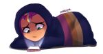  bedding blanket blanket_burrito bodily_fluids cellphone earth_pony equid equine female green_eyes hair hasbro hi_res horse mammal marenlicious mlp_g5 multicolored_hair my_little_pony phone pony simple_background smartphone sunny_starscout_(mlp) tears white_background 