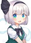  1girl :d absurdres bangs black_bow black_bowtie black_hairband blue_eyes blunt_bangs bow bowtie ghost grey_hair hairband highres konpaku_youmu konpaku_youmu_(ghost) looking_at_viewer open_mouth short_hair short_sleeves smile solo suguharu86 touhou upper_body 