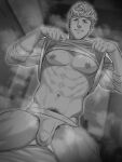  1boy abs bangs bara bare_pectorals blush bulge clothes_lift granblue_fantasy greyscale hifumi_(3b_x) highres large_pectorals lifted_by_self looking_at_viewer male_focus male_pubic_hair male_underwear monochrome muscular muscular_male navel nipples pectorals pubic_hair shirt shirt_lift short_hair smile solo thighs underwear vane_(granblue_fantasy) 