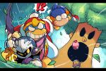  absurdres bandana bandana_waddle_dee cape clenched_teeth coat galaxia_(sword) hammer highres holding holding_hands holding_sword holding_weapon king_dedede kirby kirby&#039;s_return_to_dream_land kirby_(series) leaf mask meta_knight one_eye_closed open_mouth planted planted_sword polearm rariatto_(ganguri) spear sword teeth tree weapon whispy_woods wind wings 