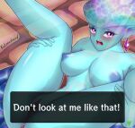  anthro areola blue_areola blue_nipples breasts dialogue_box ear_piercing ear_ring egg embarrassed english_text female genitals katzenstrand legs_up looking_at_viewer lying marine nintendo nipples nude ocarina_of_time on_back open_mouth oviposition piercing princess_ruto pussy ring_piercing solo spread_legs spreading text the_legend_of_zelda video_games zora 