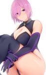  1girl arind_yudha bangs bare_shoulders black_leotard black_thighhighs breasts cleavage cleavage_cutout clothing_cutout collar elbow_gloves fate/grand_order fate_(series) gloves hair_over_one_eye highleg highleg_leotard highres knees_up large_breasts leotard light_purple_hair looking_at_viewer mash_kyrielight metal_collar purple_eyes purple_gloves short_hair sitting smile solo thigh_strap thighhighs thighs 
