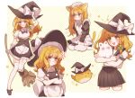  1girl :d :t absurdres anger_vein animal_ears animal_hands animal_hug apron back_bow bandaid bandaid_on_face black_bow black_bowtie black_dress black_footwear black_headwear black_sailor_collar black_skirt black_vest blonde_hair blush bow bowtie braid broom cat_ears cat_tail closed_mouth collared_shirt commentary corset creature crossed_arms dress fang footwear_bow frilled_skirt frills garter_straps gloves green_bow hair_bow hand_on_headwear hat hat_bow highres holding holding_broom iwakoo kemonomimi_mode kirisame_marisa long_hair looking_at_viewer maid_apron maid_headdress multiple_views open_mouth pantyhose paw_gloves paw_print pleated_skirt pout puffy_short_sleeves puffy_sleeves sailor_collar school_uniform shirt shoes short_sleeves single_braid skirt skirt_set smile star_(symbol) sukusuku_hakutaku tail teeth thighhighs touhou upper_teeth vest waist_apron white_apron white_bow white_gloves white_pantyhose white_shirt white_thighhighs witch_hat yellow_eyes 