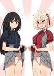  2girls bangs black_hair blonde_hair blue_dress blush bob_cut clothes_lift commentary_request dress dress_lift embarrassed fundoshi grey_dress hair_ribbon highres inoue_takina japanese_clothes lifted_by_self long_hair lycoris_recoil lycoris_uniform multiple_girls neck_ribbon nishikigi_chisato open_mouth pleated_dress purple_eyes red_dress red_eyes red_ribbon ribbon school_uniform short_hair short_sleeves two-tone_dress yokoshima_(euphoria) 