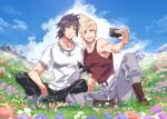  2boys arm_ribbon artist_name bare_arms belt black_footwear black_hair black_pantyhose black_ribbon blonde_hair blue_eyes blue_sky boots brown_footwear cloud collarbone field final_fantasy final_fantasy_xv flower flower_field full_body grey_pants hair_between_eyes hinoe_(dd_works) indian_style jewelry looking_at_phone male_focus multiple_boys necklace noctis_lucis_caelum open_mouth outdoors pants pantyhose phone prompto_argentum red_shirt ribbon rock selfie shirt short_hair sitting sky smile spiked_hair t-shirt taking_picture tank_top white_belt white_shirt 