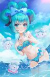  1girl absurdres arm_tattoo bangs bare_arms bikini blue_bikini blue_bow blue_eyes blue_hair blue_sky bow breasts cinnamiku cinnamoroll cleavage closed_mouth cloud collarbone folded_twintails frilled_bikini frills front-tie_bikini_top front-tie_top groin hair_between_eyes hair_bow halterneck hatsune_miku highres innertube kinjae long_hair looking_at_viewer medium_breasts navel ocean plaid plaid_bikini shiny shiny_hair sky smile solo summer sunlight swimsuit tattoo tied_ears vocaloid wading 