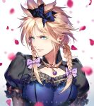  1boy aqua_eyes artist_name black_bow black_dress blonde_hair blue_corset blurry blurry_foreground bow braid character_name cloud_strife corset crossdressing dress earrings falling_petals final_fantasy final_fantasy_vii final_fantasy_vii_remake hair_bow hair_ornament happy_birthday hinoe_(dd_works) jewelry long_hair male_focus official_alternate_costume petals puffy_short_sleeves puffy_sleeves purple_bow short_sleeves solo spiked_hair twin_braids upper_body white_background 