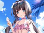  1girl bangs bikini blue_sky blurry blurry_background bow breasts brown_hair closed_mouth cloud collar collarbone food green_eyes grey_bow hair_bow hair_intakes halterneck holding holding_food ice_cream karory long_hair original pink_bikini pink_collar shiny shiny_hair sky solo sunlight swimsuit tongue tongue_out twintails underboob upper_body very_long_hair 