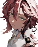  1boy 3lnsy bangs black_choker black_hair black_ribbon choker genshin_impact green_eyes hair_between_eyes hair_ribbon highres long_hair looking_at_viewer male_focus mole mole_under_eye multicolored_hair multiple_moles ponytail portrait red_hair ribbon shikanoin_heizou simple_background solo streaked_hair tongue tongue_out white_background 