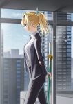  1girl absurdres blonde_hair cityscape formal green_eyes highres holding holding_sword holding_weapon hololive hz_(helu_2) katana kazama_iroha necktie ponytail sheath sheathed shirt suit sword virtual_youtuber weapon white_shirt window 