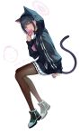  1girl 2r-_(pixiv8168114) absurdres animal_ears bangs black_choker black_hair black_hoodie blue_archive brown_pantyhose cat_ears cat_tail choker colored_inner_hair dated extra_ears full_body halo highres hood hood_up hoodie kazusa_(blue_archive) legs long_sleeves miniskirt multicolored_hair pantyhose pink_hair red_eyes shoes short_hair simple_background skirt slit_pupils solo tail white_background white_skirt 