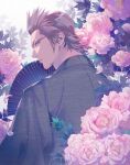  1boy brown_hair falling_petals final_fantasy final_fantasy_xv floral_background flower glasses grey_kimono hair_slicked_back hand_fan hinoe_(dd_works) holding holding_fan ignis_scientia japanese_clothes kimono long_sleeves looking_back male_focus paper_fan parted_lips petals pink_flower short_hair sideburns solo 
