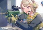  1girl cbj-ms commission english_commentary firing gloves gun headset highres hiroki_ree love_live! love_live!_nijigasaki_high_school_idol_club nakasu_kasumi nijigasaki_academy_school_uniform school_uniform scope shell_casing submachine_gun tongue tongue_out upper_body vest weapon 