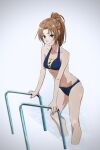  1girl bare_arms bare_legs bikini blue_bikini blue_eyes brown_hair closed_mouth collarbone groin hair_intakes halterneck hibike!_euphonium high_ponytail highres leaning_forward long_hair nakagawa_natsuki pool_ladder shiny shiny_hair smile solo swimsuit tuttivivace 