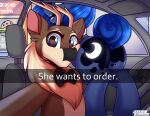  blue_eyes bow_tie burger butt can capreoline caption cervid container cutie_mark cyrillic_text english_text fan_character food friendship_is_magic he_wants_to_order hi_res in_car kevin_reindeer mammal meme my_little_pony princess_luna_(mlp) reindeer shadowreindeer slefie tail_bun text 