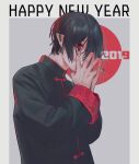  1boy 2019 black_hair black_nails border chinese_clothes closed_mouth eyeshadow fingernails floral_print grey_border hands_on_own_face happy_new_year highres makeup male_focus original pointy_ears red_eyes red_eyeshadow rit3set solo 