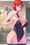  1girl absurdres bangs bare_shoulders black_leotard blurry blurry_background boudica_(fate) breasts cleavage couch curvy detached_collar fate/grand_order fate_(series) green_eyes highres indoors large_breasts leotard necktie red_hair short_hair short_necktie thick_thighs thighhighs thighs wrist_cuffs zumizu 
