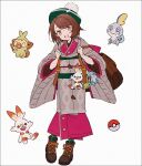  1girl :d adapted_costume backpack bag bob_cut boots brown_bag brown_eyes brown_footwear brown_hair buttons cable_knit character_doll commentary_request full_body gloria_(pokemon) green_headwear green_socks grookey hakusai_(tiahszld) hands_up hat holding_strap japanese_clothes kimono looking_at_viewer open_mouth pink_kimono plaid_socks poke_ball_symbol pokemon pokemon_(game) pokemon_swsh scorbunny short_hair simple_background smile sobble socks tam_o&#039;_shanter white_background 