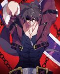  1boy abs arms_up bangs belt black_shirt brown_hair chain commentary_request grin guilty_gear guilty_gear_strive hair_between_eyes highres jacket jewelry looking_at_viewer male_focus muscular muscular_male necklace open_clothes open_jacket red_eyes red_jacket shaded_face shirt signature simple_background smile sol_badguy solo spiked_hair upper_body weapon xx_asui 