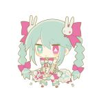  1girl bow braid bright_pupils bunny_hair_ornament chibi elbow_gloves fingerless_gloves gloves green_eyes green_hair green_ribbon hair_bow hair_ornament hair_ribbon heterochromia leg_ribbon long_hair magical_girl mary_janes multicolored_clothes multicolored_skirt neck_ribbon original pink_bow pink_eyes pink_footwear pink_ribbon ribbon shoes simple_background skirt solo transparent_background treccia_pechemint twin_braids usagi_nui white_pupils yellow_gloves 