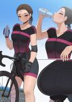  1girl absurdres ah-lyong_lee ass bicycle bike_shorts black_gloves black_shirt black_shorts blue_sky breasts brown_eyes brown_hair day drinking elbow_pads from_side gloves ground_vehicle hair_tie hand_up highres long_hair looking_at_viewer mixed-language_commentary multiple_views original outdoors ponytail profile riding riding_bicycle shirt short_sleeves shorts skin_tight sky spilling sweat water 