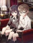  2boys aged_down artist_name black_footwear black_hair black_shorts blue_eyes boots brown_hair collared_shirt cross_tie feet_out_of_frame final_fantasy final_fantasy_xv formal glasses green_eyes grey_jacket hair_between_eyes hand_on_lap hinoe_(dd_works) ignis_scientia indoors jacket lamp long_sleeves male_child male_focus multiple_boys noctis_lucis_caelum open_mouth shirt short_hair shorts sitting smile suit_jacket waistcoat white_shirt 