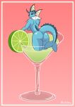  alcohol anthro beverage black_sclera blue_body blue_skin blueumbra butt buttcheecks cocktail cocktail_glass container cup drinking_glass eeveelution female fin food fruit generation_1_pokemon glass glass_container glass_cup glistening glistening_body gradient_background hi_res humanoid lemon light lime looking_at_viewer looking_back nintendo pink_background plant pokemon pokemon_(species) raised_tail rear_view signature simple_background smile smiling_at_viewer snout solo vaporeon video_games 