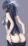  1girl absurdres ass bare_arms blue_archive blue_eyes blue_hair bra breasts chojja dark_blue_hair from_behind grey_background grey_bra grey_panties halo highres long_hair looking_at_viewer mask medium_breasts mouth_mask panties saori_(blue_archive) simple_background solo sports_bra thong underwear 