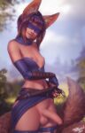  1girl animal_ears artist_name bangs belt blindfold blurry blurry_background brown_hair bustier covered_eyes detached_collar elbow_gloves erection facing_viewer fingerless_gloves flat_chest fox_ears fox_tail futanari gloves highres lips long_hair marisha_(lunetax) multiple_tails nipples original outdoors pelvic_curtain penis personal_ami smile solo standing tail testicles 