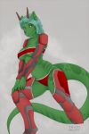  absurd_res anthro armor clothing diana_digma dragon facial_horn female green_body green_scales hair hi_res horn scales scalie smile solo traditional_media_(artwork) tram15vay underwear 