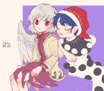  2girls angel_wings bangs black_capelet blue_hair blush bow bowtie braid capelet closed_eyes commentary_request doremy_sweet dress feathered_wings french_braid hat itomugi-kun jacket kishin_sagume long_sleeves multiple_girls nightcap open_clothes open_jacket open_mouth pom_pom_(clothes) purple_dress red_bow red_bowtie red_eyes red_headwear short_hair single_wing suit_jacket tail tapir_tail touhou white_hair wings 