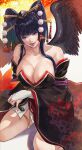  1girl bare_shoulders black_hair black_wings breasts bridal_gauntlets cleavage commentary dead_or_alive gauss_&lt;bokashi hair_ornament highres japanese_clothes large_breasts licking_lips mole mole_under_mouth nyotengu purple_eyes shiny solo tongue tongue_out wings 
