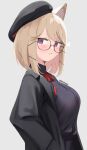  1girl animal_ear_fluff animal_ears arknights black-framed_eyewear black_coat black_headwear black_shirt blonde_hair blush breasts closed_mouth coat from_side glasses hat jacket large_breasts long_sleeves looking_at_viewer looking_to_the_side neck_ribbon official_alternate_costume open_clothes open_jacket purple_eyes ribbon shirt short_hair simple_background skeptycally solo upper_body utage_(arknights) utage_(disguise)_(arknights) white_background 