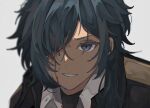  1boy 3lnsy bangs blood blood_on_face blue_eyes blue_hair commentary dark-skinned_male dark_skin genshin_impact grey_background hair_between_eyes hair_over_one_eye jacket kaeya_(genshin_impact) long_hair male_focus no_eyepatch portrait simple_background solo symbol-only_commentary 