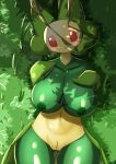  absurd_res antennae_(anatomy) anthro areola arthropod big_breasts biped blush breasts cleft_of_venus detailed_background female generation_5_pokemon genitals grass green_body hand_on_breast hi_res insect leavanny looking_at_viewer navel nintendo nipples nude open_mouth plant pokemon pokemon_(species) pussy red_eyes solo video_games wide_hips woebeeme 