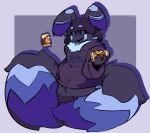  a&amp;w alren_(centrix) anthro beverage beverage_can big_ears big_tail black_body black_fur black_hair black_sclera blue_body blue_eyes blue_fur catjam_(artist) clothing fur fur_markings generation_6_pokemon geometric_background hair hi_res jacket jacket_only male markings meowstic multi_tail nintendo pokemon pokemon_(species) root_beer simple_background smile soda solo text text_on_clothing text_on_topwear topwear video_games 