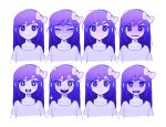  +_+ 1girl :&gt; angry aubrey_(omori) blush bow bright_pupils closed_mouth collarbone colored_skin crying expressions hair_bow happy highres kbs_omo long_hair looking_at_viewer omori open_mouth purple_eyes purple_hair smile white_pupils white_skin 