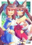  2girls ;d animal_ear_fluff animal_ears bangs bare_shoulders black_thighhighs blue_eyes blue_jacket blue_skirt blue_sky blurry blurry_background blush breasts brown_hair caleen_keemosn cleavage closed_mouth commentary_request commission cropped_jacket crossover daiwa_scarlet_(umamusume) day depth_of_field detached_sleeves epaulettes fang fox_ears fox_girl fox_tail frilled_skirt frills garter_straps hair_between_eyes hair_intakes hand_on_hip horse_ears horse_girl horse_tail jacket juliet_sleeves kitsune kou_hiyoyo long_hair long_sleeves medium_breasts multiple_girls one_eye_closed pleated_skirt puffy_sleeves red_eyes red_skirt skeb_commission skirt sky smile star_ocean star_ocean_anamnesis tail thighhighs tiara twintails umamusume very_long_hair white_sleeves wide_sleeves 