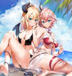  2girls :o ass bangs bikini blonde_hair blue_eyes blush breasts cleavage clothing_cutout demon_girl demon_horns demon_tail demon_wings detached_collar hair_between_eyes head_wings highres hololive horns kasumi_komo large_breasts long_hair looking_at_viewer multicolored_hair multiple_girls ocean pink_hair pointy_ears short_hair sitting smile streaked_hair swimsuit tail takane_lui thighs virtual_youtuber water_drop wet wings yuzuki_choco 