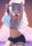  1girl absurdres armpits arms_up bangs bikini bikini_under_clothes blue_eyes blue_hair blue_nails bottle choker closed_mouth cloud crop_top denim denim_shorts flat_chest highres holding holding_bottle hololive hoshimachi_suisei inuinuo_gataken long_hair looking_at_viewer midriff navel ocean open_fly pendant_choker short_shorts shorts solo star_(symbol) star_bracelet star_in_eye stomach sunset swimsuit symbol_in_eye tank_top thigh_strap thong_bikini virtual_youtuber 