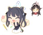  :d ahoge animal_ears black_dress black_hair blue_archive blush brown_hair chibi china_dress chinese_clothes demon_horns dress halo horns kasumi_(blue_archive) kinubari_nerune short_sleeves shun_(blue_archive) shun_(small)_(blue_archive) side_slit smile thighhighs tiger_ears tiger_girl two_side_up white_thighhighs 