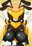  antennae_(anatomy) anthro arthropod bee big_breasts biped black_body breasts female hi_res hymenopteran insect machine outline question_mark robot simple_background solo text visor watermark white_outline wings woebeeme yellow_background 