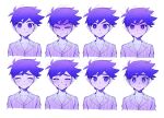  1boy blush bright_pupils closed_eyes closed_mouth collarbone expressions facing_viewer grin hero_(omori) highres kbs_omo looking_at_viewer omori pajamas parted_lips purple_eyes purple_hair scared short_hair smile teeth white_pupils 