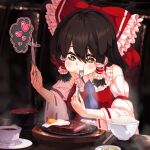  1girl ascot black_hair blue_ascot bowl brown_eyes chopsticks collared_shirt cup detached_sleeves eating egg_(food) food fork frilled_shirt_collar frills hakurei_reimu highres knife meat medium_hair plate red_shirt red_vest ribbon-trimmed_sleeves ribbon_trim rice scrambled_egg shirt short_hair sleeveless sleeveless_shirt steak sunnysideup teacup touhou vest white_sleeves wide_sleeves 