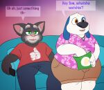  anthro brown_eyes canid canine canis dialogue dialogue_box domestic_cat domestic_dog duo felid feline felis furniture green_eyes hi_res male male/male mammal nood1e on_sofa overweight overweight_male simple_background sitting sitting_on_sofa sofa talking_hank talking_tom thick_thighs watching_tv 