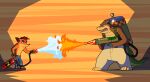  2016 5_fingers activision anthro bandicoot bottomwear brown_body brown_fur canid canine canis clothed clothing crash_bandicoot crash_bandicoot_(series) crocodile crocodilian crocodylid dingo dingodile duo fingerless_gloves fingers fire flamethrower footwear full-length_portrait fur gloves handwear hybrid kempferzero male mammal marsupial orange_body orange_fur pants portrait ranged_weapon reptile scalie shoes shorts standing topless video_games weapon 