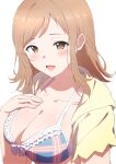  1girl absurdres blush breasts cleavage collarbone hand_on_own_chest highres idolmaster idolmaster_shiny_colors jacket large_breasts light_brown_hair looking_at_viewer medium_hair misaki_nonaka sakuragi_mano simple_background smile solo upper_body white_background yellow_jacket 