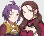  2girls alternate_hairstyle armor bernadetta_von_varley blush braid breasts brown_eyes brown_hair cleavage cleavage_cutout closed_mouth clothing_cutout commentary dorothea_arnault dress earrings fire_emblem fire_emblem:_three_houses fire_emblem_warriors:_three_hopes forehead french_braid green_eyes grey_background hair_pulled_back hand_on_own_chest heart-shaped_gem highres jewelry lips long_hair looking_at_viewer medium_breasts multiple_girls official_alternate_costume official_alternate_hairstyle parted_lips peach11_01 purple_dress purple_hair short_hair shoulder_armor simple_background smile topknot twitter_username upper_body 